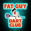 RGB neon sign featuring a playful fat guy with darts.