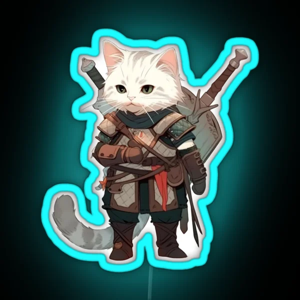 Feline Witcher Cat Cosplaying As Geralt Of RGB Neon Sign