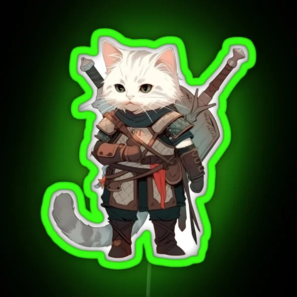 Feline Witcher Cat Cosplaying As Geralt Of RGB Neon Sign