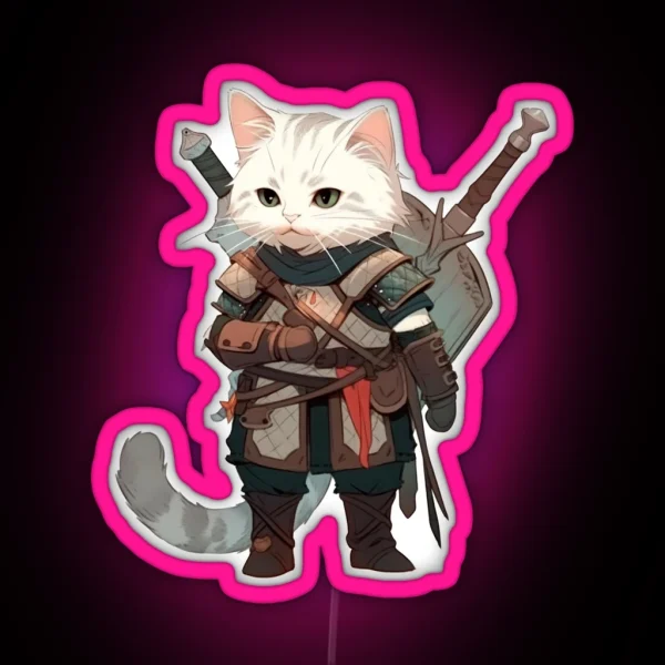 Feline Witcher Cat Cosplaying As Geralt Of RGB Neon Sign