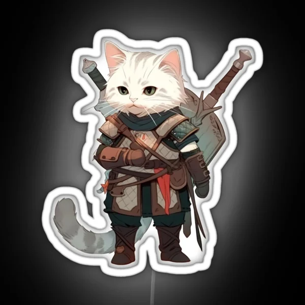 Feline Witcher Cat Cosplaying As Geralt Of RGB Neon Sign