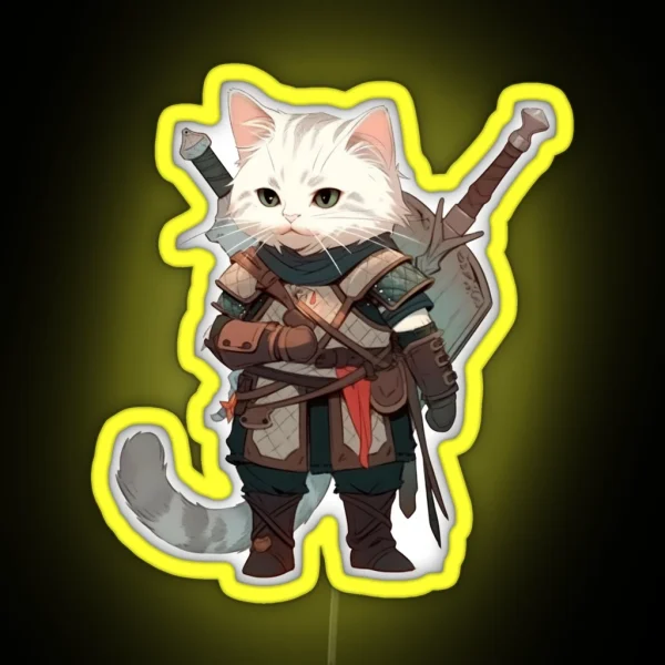 Feline Witcher Cat Cosplaying As Geralt Of RGB Neon Sign