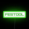 Brightly lit customizable neon sign featuring Festool Tools logo branding