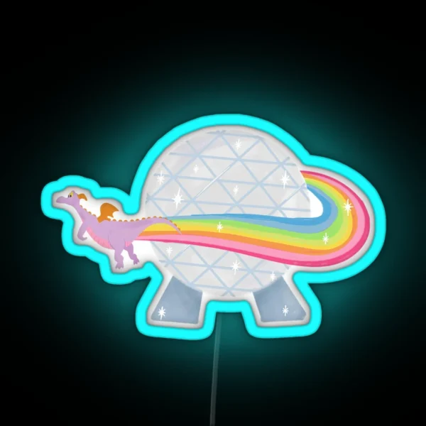 Figment Flying Around Epcot Ball With Rainbow RGB Neon Sign