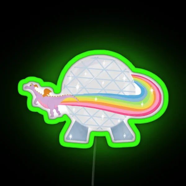 Figment Flying Around Epcot Ball With Rainbow RGB Neon Sign