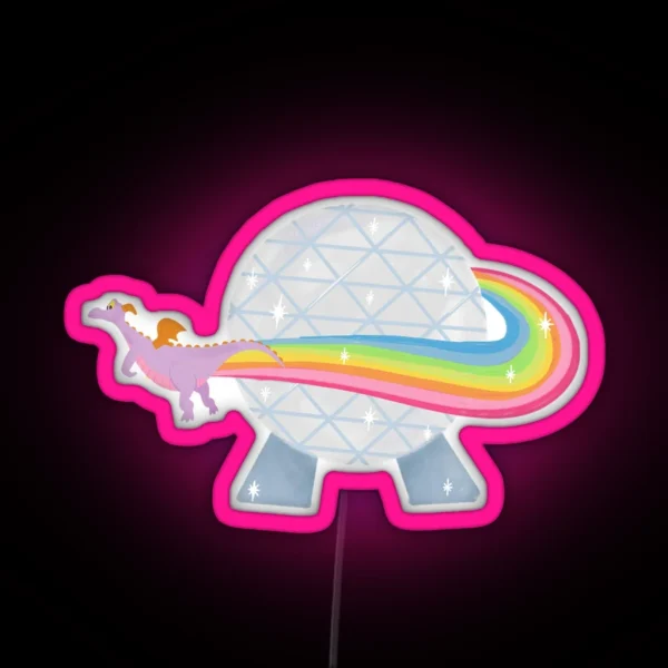 Figment Flying Around Epcot Ball With Rainbow RGB Neon Sign