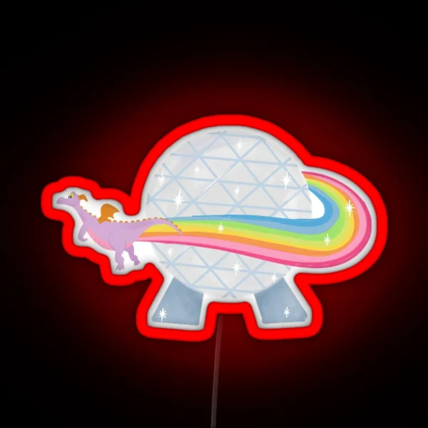 Figment Flying Around Epcot Ball With Rainbow RGB Neon Sign