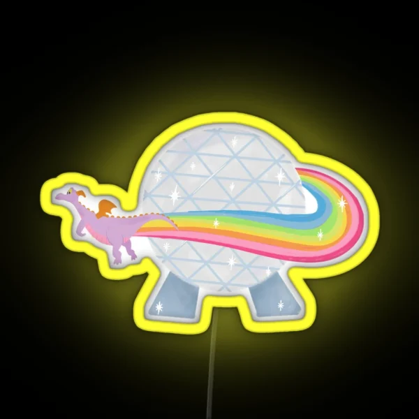 Figment Flying Around Epcot Ball With Rainbow RGB Neon Sign