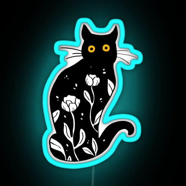 Floral Cat Illustration RGB Neon Sign