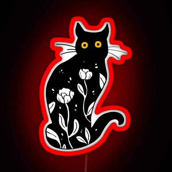 Floral Cat Illustration RGB Neon Sign