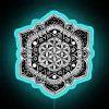 Vibrant hand-drawn mandala flower of life sacred geometry neon decorative wall art.