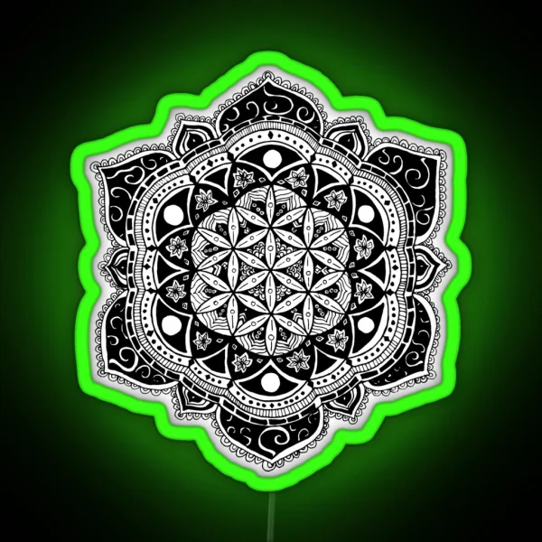 Flower Of Life Mandala Sacred Geometry Hand Drawn Design RGB Neon Sign