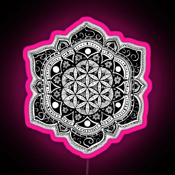 Flower Of Life Mandala Sacred Geometry Hand Drawn Design RGB Neon Sign