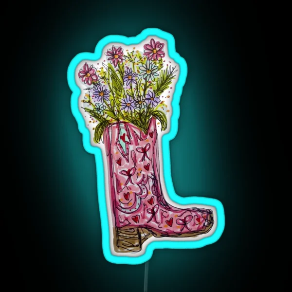 Flowers In Pink Cowboy Boot RGB Neon Sign