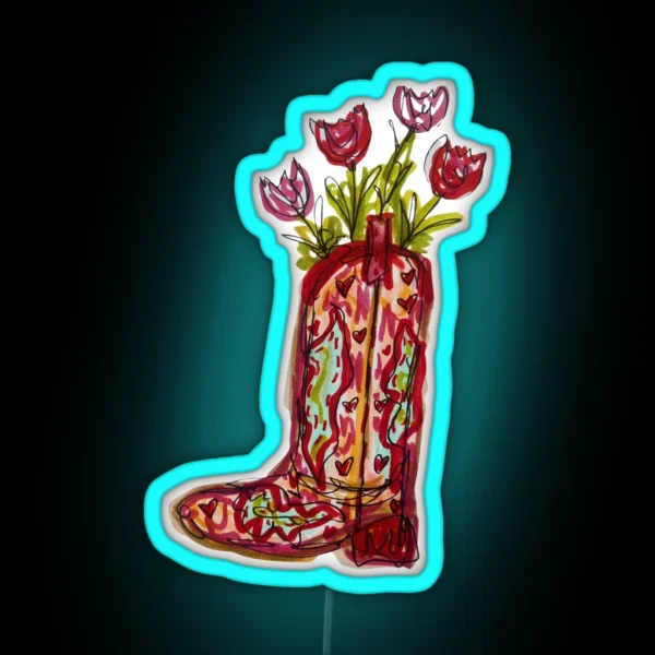 Flowers In Red Cowboy Boot RGB Neon Sign