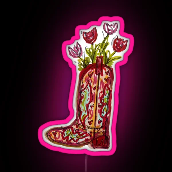 Flowers In Red Cowboy Boot RGB Neon Sign