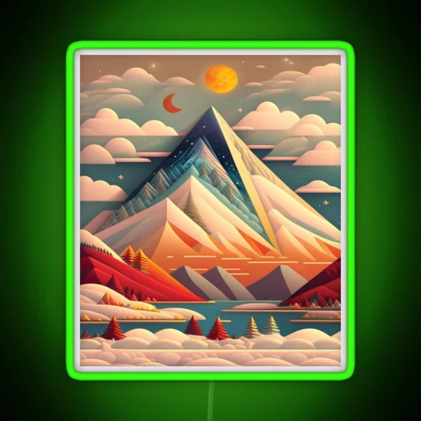 Folk Art Style Vintage Snowy Mountain RGB Neon Sign