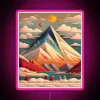 Folk art-inspired vintage snowy mountain landscape in glowing neon colors