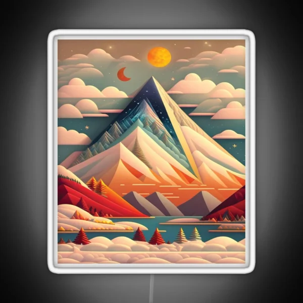 Folk Art Style Vintage Snowy Mountain RGB Neon Sign
