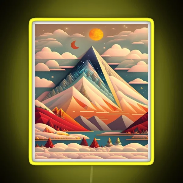 Folk Art Style Vintage Snowy Mountain RGB Neon Sign