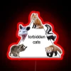 Neon warning sign featuring colorful cat silhouette in forbidden zone.