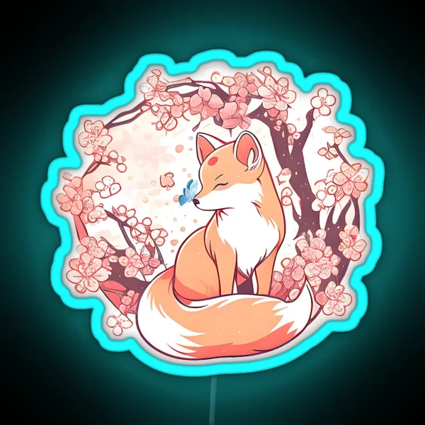 Fox Japanese Cherry Blossom Flower Butterfly RGB Neon Sign