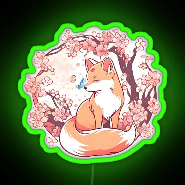 Fox Japanese Cherry Blossom Flower Butterfly RGB Neon Sign