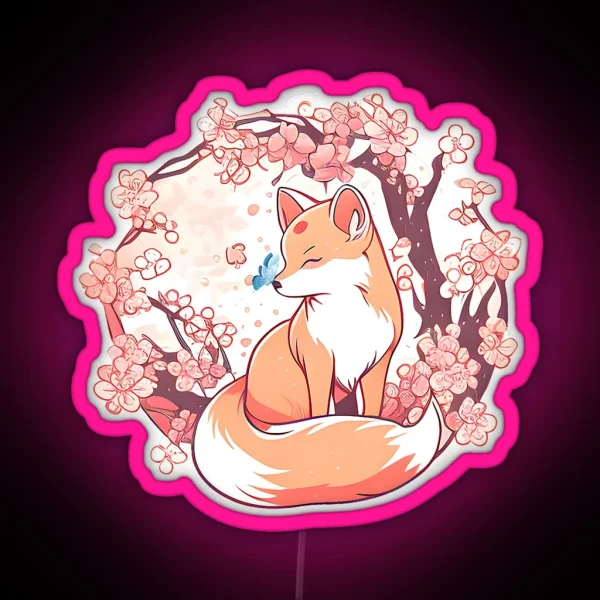 Fox Japanese Cherry Blossom Flower Butterfly RGB Neon Sign