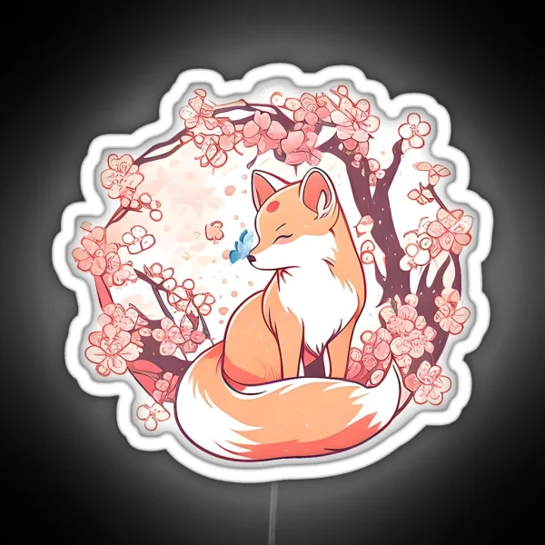 Fox Japanese Cherry Blossom Flower Butterfly RGB Neon Sign