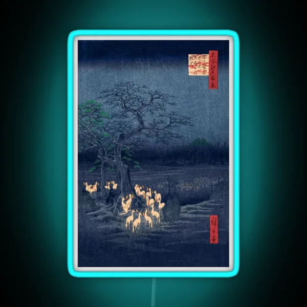 Foxes At Night Shrine Vintage Ukiyo E Japanese Art RGB Neon Sign