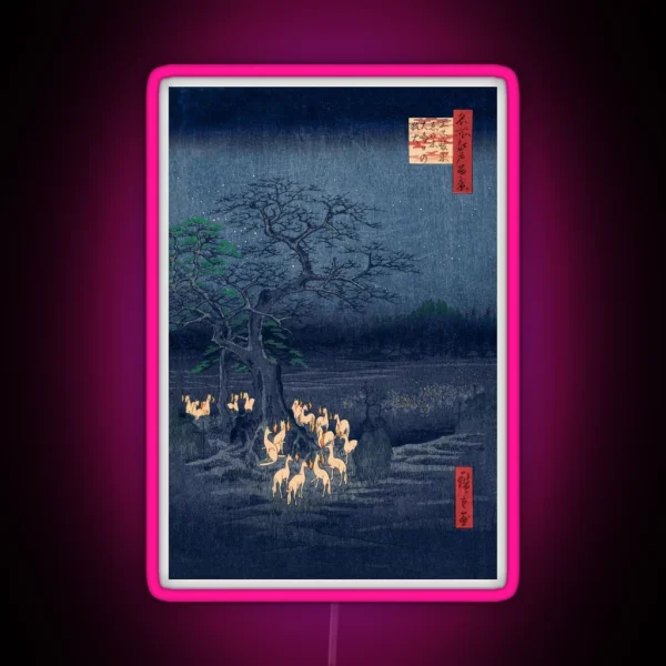 Foxes At Night Shrine Vintage Ukiyo E Japanese Art RGB Neon Sign