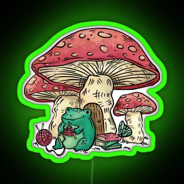 Frog Sitting Under A Mushroom Knitting RGB Neon Sign