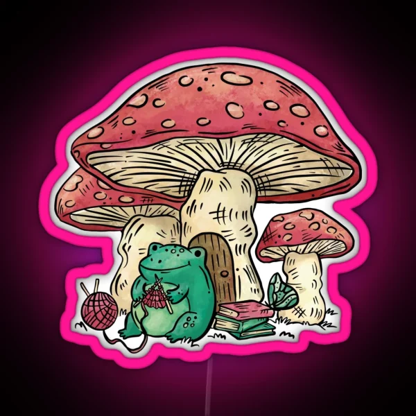 Frog Sitting Under A Mushroom Knitting RGB Neon Sign