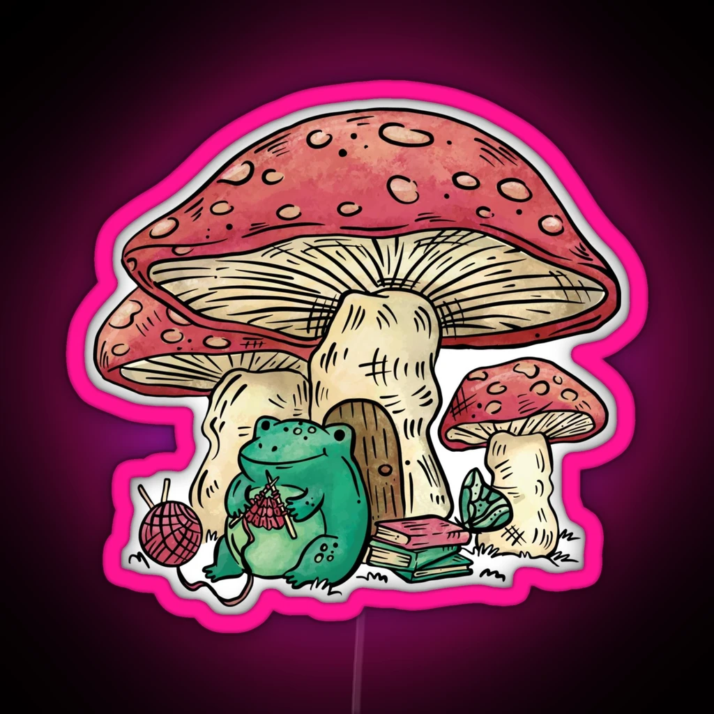 Frog Sitting Under A Mushroom Knitting RGB Neon Sign Frog Sitting Under A Mushroom Knitting RGB Neon Sign