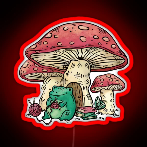 Frog Sitting Under A Mushroom Knitting RGB Neon Sign