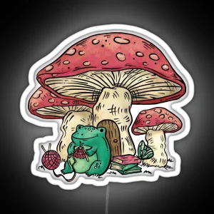 Frog Sitting Under A Mushroom Knitting Cottage Core Frog And Mushroom Cute Frog And Mushroom Gift For People Who Knit RGB Neon Sign