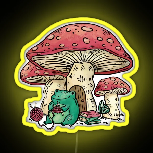Frog Sitting Under A Mushroom Knitting RGB Neon Sign