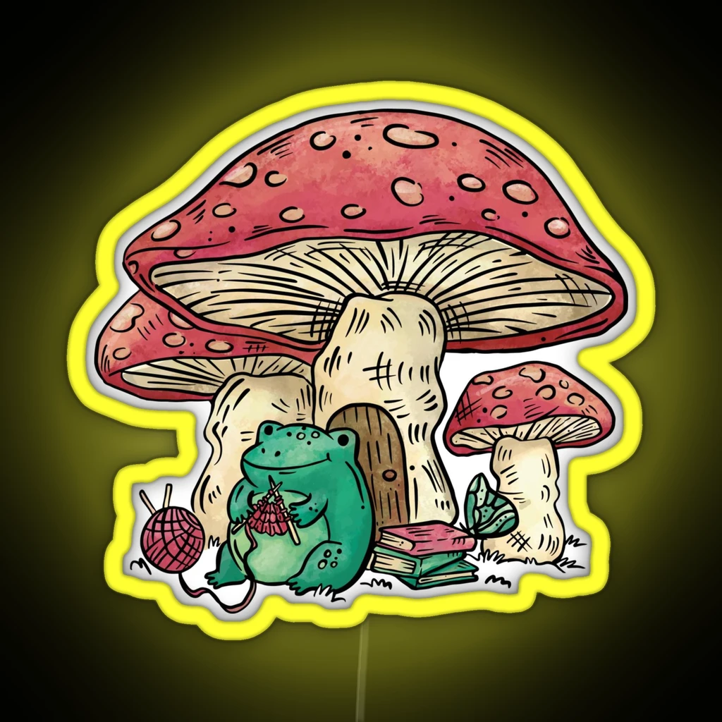 Frog Sitting Under A Mushroom Knitting RGB Neon Sign Frog Sitting Under A Mushroom Knitting RGB Neon Sign
