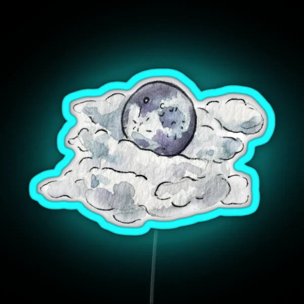 Full Moon Behind Clouds In Watercolor RGB Neon Sign