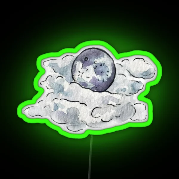 Full Moon Behind Clouds In Watercolor RGB Neon Sign