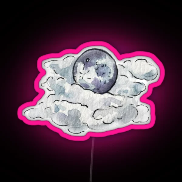 Full Moon Behind Clouds In Watercolor RGB Neon Sign