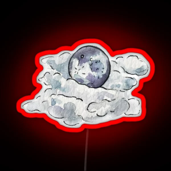 Full Moon Behind Clouds In Watercolor RGB Neon Sign