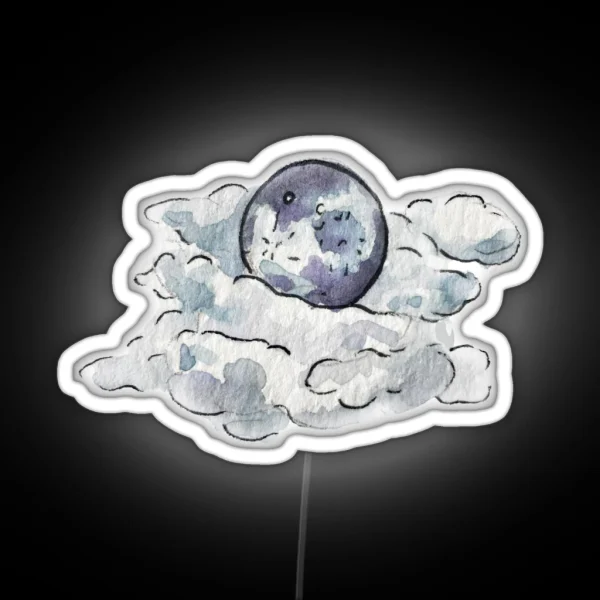 Full Moon Behind Clouds In Watercolor RGB Neon Sign