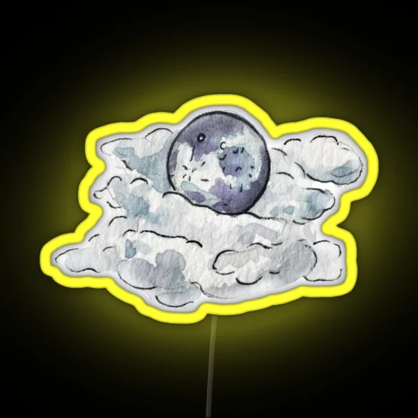 Full Moon Behind Clouds In Watercolor RGB Neon Sign