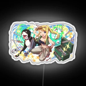 Fullmetal Alchemist Winry Rockbell And Den Crash Fever Ready For Work RGB Neon Sign