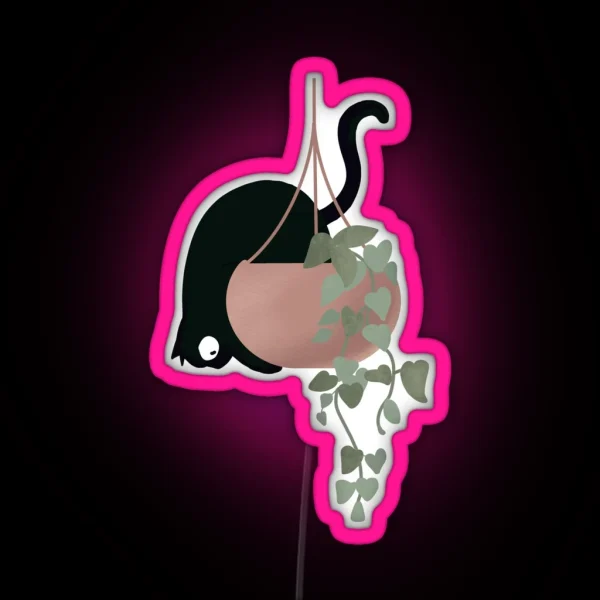Funny Cat On A Hanging Plant RGB Neon Sign