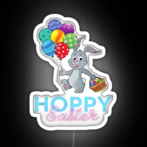 Funny Cute Hoppy Happy Easter Bunny Balloons Eggs And Basket RGB Neon Sign