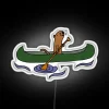 Whimsical sea otter paddles canoe under rainbow colored neon lights.