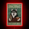 Whiskey loving husky dog's hilarious drinking habits sign in glow.