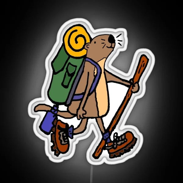 Funny Sea Otter Hiking Cartoon RGB Neon Sign
